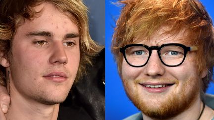 Le chanteur canadien Justin Bieber le 15 mars 2018 à Hollywood et le chanteur britannique Ed Sheeran le 23 février 2018 à Berlin. (ALBERTO E. RODRIGUEZ / GETTY / AFP et STEPHANIE LOOS / AFP)