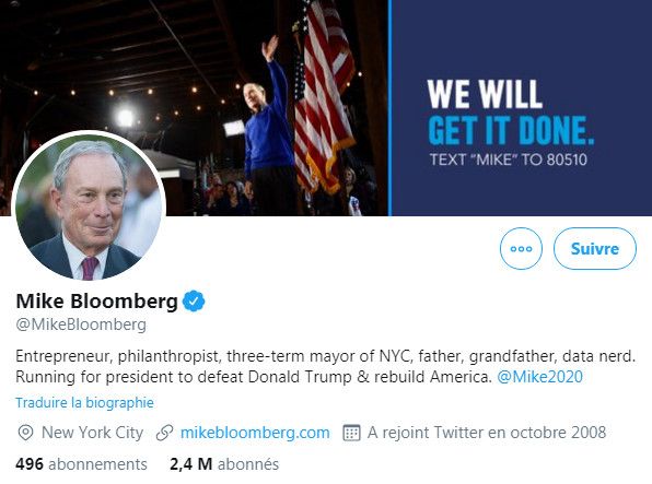 Sur son compte Twitter, Michael Bloomberg affiche ses intentions : "battre Donald Trump" et "reconstruire l'Amérique". (TWITTER / FRANCEINFO)