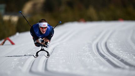 Le fondeur britannique Scott Meenagh adopte une position aérodynamique lors d'une descente sur l'épreuve du 15 kilomètres (catégorie assis), le 6 mars 2022, aux Jeux paralympiques de Pékin. (LILLIAN SUWANRUMPHA / AFP)