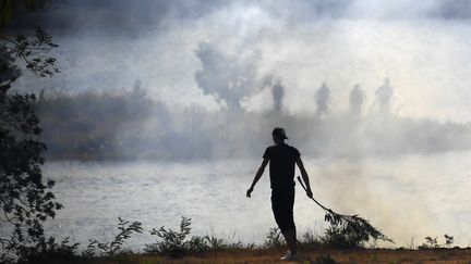 Un homme tente d'éteindre des flammes de l'incendie de Bormes-les-Mimosas (Var), le 26 juillet 2017. (ANNE-CHRISTINE POUJOULAT / AFP)