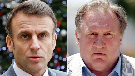 Emmanuel Macron à l'Elusée le le 13 décembre 2023, et Gérard Depardieu à Nice le 6 juin 2013. (LUDOVIC MARIN,VALERY HACHE / AFP)