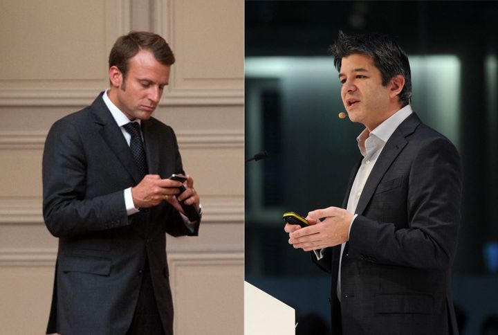 Travis Kalanick (à droite), PDG d’Uber, a rencontré Emmanuel Macron au moins quatre fois lorsque celui-ci était à Bercy. (PHILIPPE WOJAZER - POOL / TOBIAS HASE - DPA / AFP)