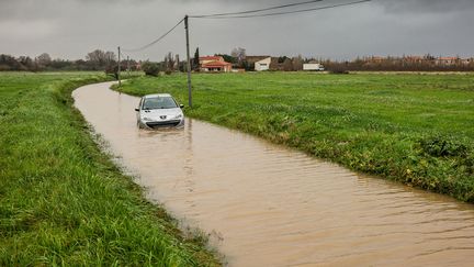 Une voiture sur une route inondée, le 23 janvier 2020, à Rivesaltes (Pyrénées-Orientales). (JC MILHET / HANS LUCAS)