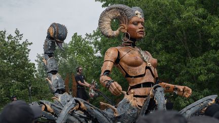 La nouvelle création de la compagnie La Machine, "La gardienne des ténèbres", défile lors du festival de metal Hellfest, le 27 juin 2024 à Clisson (Loire-Atlantique) (ESTELLE RUIZ / HANS LUCAS)