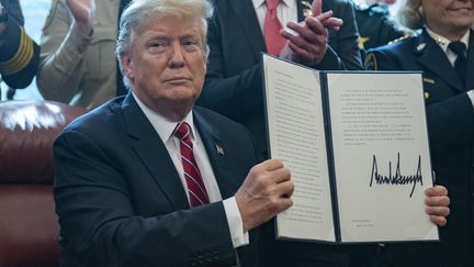 Donald Trump signe le premier veto de son mandat contre une résolution du Congrès à Washington D.C., le 15 mars 2019.&nbsp; (RON SACHS / AFP)