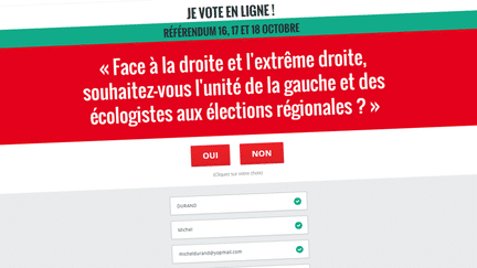 Le r&eacute;f&eacute;rendum en ligne du Parti socialiste sur l'unit&eacute; de la gauche aux &eacute;lections r&eacute;gionales, le 16 octobre 2015. (FRANCETV INFO)