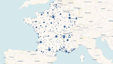 Carte des villes françaises dans lesquelles Johnny Hallyday a donné des concerts depuis 1960. (FRANCEINFO)