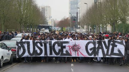 Une manifestation à&nbsp;Champs-sur-Marne (Seine-et-Marne) pour demander "vérité et justice" pour Gaye Camara, le 28 janvier 2018. (GUÉNAÈLE CALANT / MAXPPP)