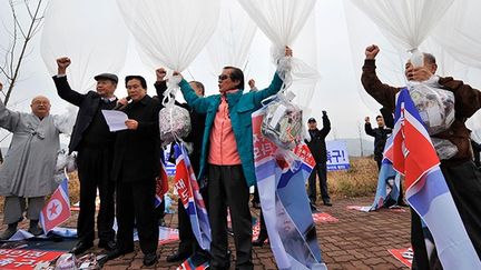 Ces opposants au régime de Pyongyang, transfuges nord-coréens, militants chrétiens et membres d’associations conservatrices, ont déjà maintes fois organisé ce type d’action. (AFP PHOTO / JUNG YEON-JE )