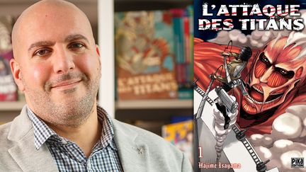 Portrait de Mehdi Benrabah, directeur éditorial des éditions Pika, 2021, et la couverture du premier tome de "L'Attaque des Titans" (2013) (PIKA)