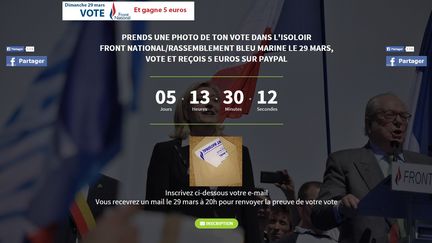 Capture d'&eacute;cran d'un site qui promet 5 euros aux &eacute;lecteurs du Front national qui enverront une photo de leur vote FN au second tour des d&eacute;partementales. L'initiative est un canular. (VOTEFNETGAGNE5EUROS.COM)