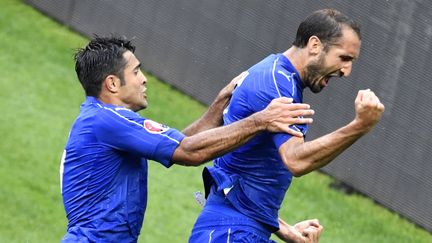 Giorgio Chiellini, buteur lors du 8e de finale de l'Euro Italie-Espagne, au Stade de France, le 27 juin 2016. (PHILIPPE LOPEZ / AFP)