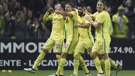 Le FC Nantes célébrant son seul but contre Rennes (JEAN-SEBASTIEN EVRARD / AFP)