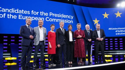 Les six candidats à la présidence de la Commission européenne, avec, au centre, les présentateurs&nbsp;Markus Preiss et&nbsp;Emilie Tran Nguyen, le 15 mai 2019. (ARIS OIKONOMOU / AFP)