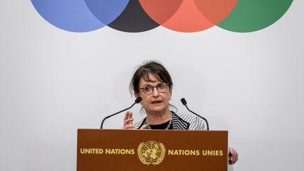 La représentante spéciale de l'ONU en Afghanistan Deborah Lyons lors d'une conférence de presse à Genève (Suisse), le 24 novembre 2020. (FABRICE COFFRINI / AFP)