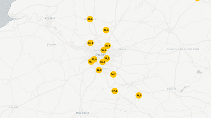 Carte&nbsp;des villes dans lesquelles des records de chaleur ont été battus jeudi 25 août. (NICOLAS ENAULT / CARTO)