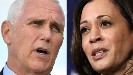 Les candidats à la vice-présidence des Etats-Unis. Pour les républicains, l'actuel vice-président Mike Pence (à gauche), et la colistère démocrate Kamala Harris (à droite). (MANDEL NGAN / AFP)