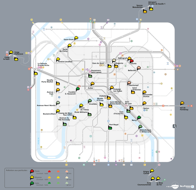 La carte de la qualité de l'air dans des stations du métro et du RER parisien. (AIR PARIF / ILE DE FRANCE MOBILITES)