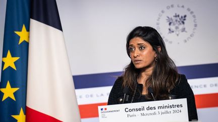 La porte-parole du gouvernement Prisca Thevenot lors du compte-rendu du Conseil ministres, à l'Elysée, le 3 juillet 2024. (XOSE BOUZAS / HANS LUCAS / AFP)