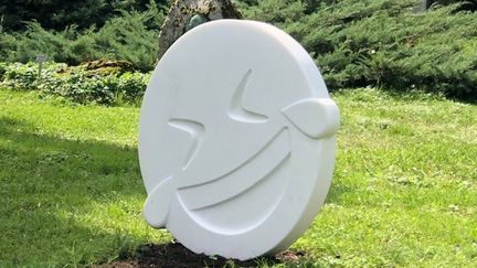 Le smiley "mort de rire", réalisé par Frédéric Beigbeder et Vincent Du Bois pour l'exposition "Open End" au cimetière des Rois de Genève (Suisse), en octobre 2022. (XAVIER SPRUNGLI)