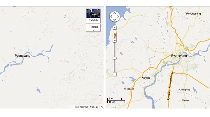 La carte de la Cor&eacute;e du nord, avant et apr&egrave;s la mise &agrave; jour de Google. (GOOGLE / AFP)