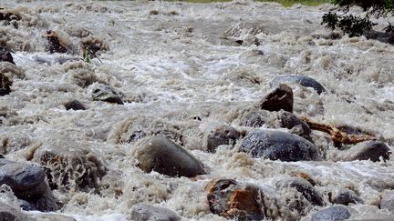 Le gave de Pau en crue&nbsp;&agrave;&nbsp;Pierrefitte-Nestalas (Hautes-Pyr&eacute;n&eacute;es), le 19 juin 2013. Dans le village, une septuag&eacute;naire est morte le 19 juin, victime de cette crue exceptionnelle. (PASCAL PAVANI / AFP)