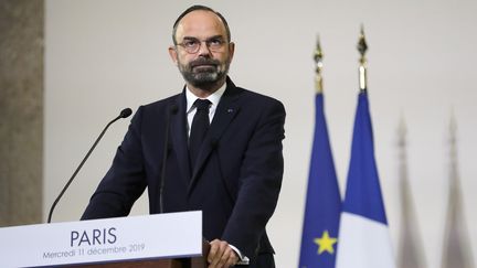 Le Premier ministre, Edouard Philippe, le 11 décembre 2019, lors de la présentation de la réforme des retraites devant le Conseil économique, social et environnemental (Cese) à Paris. (THOMAS SAMSON / AFP)