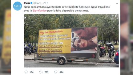 Copie d'écran du compte twitter de la mairie de Paris, qui "condamne" la publicité pour un site de rencontres avec des "sugar daddies".&nbsp;
 ((COPIE D'ECRAN TWITTER))