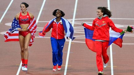 L'Américaine Jennifer Suhr, la Cubaine Yarisley Silva et la Russe Yelena Isinbayeva 