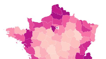 La carte du nombre de passages du Tour de France dans les départements de l'Hexagone. (FRANCEINFO)