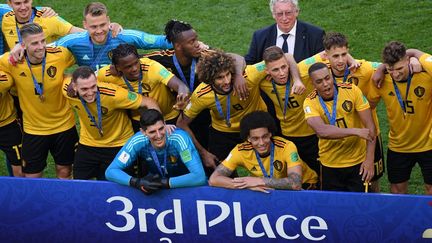 L'équipe de Belgique qui célèbre sa troisième place de la Coupe du monde, à Saint-Petersbourg (Russie), le 14 juillet 2018. (OLGA MALTSEVA / AFP)