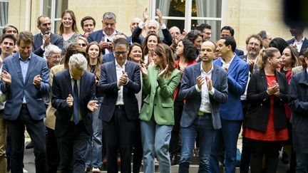 Les représentants des partis de gauche ont présenté le 14 juin le programme commun du Nouveau Front populaire dans une conférence de presse, à la Maison de la chimie, à Paris. (MAGALI COHEN / HANS LUCAS / AFP)