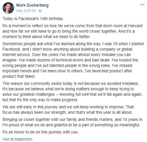 Capture écran de la page Facebook de Mark Zuckerberg, le 5 février 2018. (MARK ZUCKERBERG)