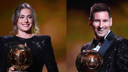 La Barcelonaise Alexia Putellas, Ballon d'or féminin 2021, aux côtés de l'ancien Barcelonais désormais Parisiens Lionel Messi, qui remporte son 7e Ballon d'or masculin, lors de la cérémonie le 29 novembre 2021. (AFP)