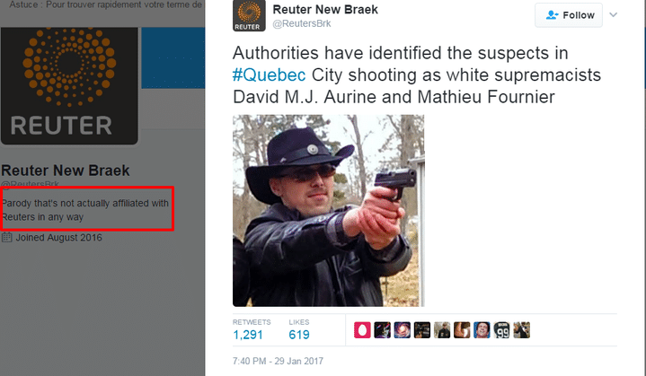 Un compte parodique de l'agence Reuters diffuse une fausse information sur les auteurs présumés de l'attaque à Québec (capture d'écran Twitter)
