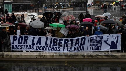 Des manifestants contre les restrictions liées à la crise sanitaire, le 23 janvier 2021 à Madrid (Espagne). (PIERRE-PHILIPPE MARCOU / AFP)