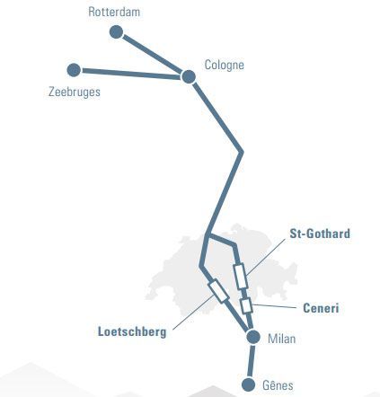 Le système des NLFA (nouvelles lignes ferroviaires alpines), avec les tunnels du Loetschberg et du Gothard, permet de traverser les Alpes suisses en train (ferroutage notamment) entre l'Allemagne et l'Italie. (Gotardo2016)