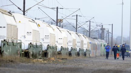 Un train transportant des déchets radioactifs de La Hague vers Gorleben, en Allemagne, arrêté à Rémilly (Moselle), en novembre 2011. (JEAN-CHRISTOPHE VERHAEGEN / AFP)