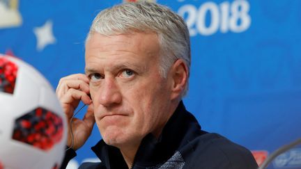 Didier Deschamps, sélectionneur de l'équipe de France, lors d'une conférence de presse, à Saint-Pétersbourg (Russie), le 9 juillet 2018. (MIKE KIREEV / NURPHOTO / AFP)