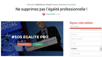 &nbsp; (Le projet de loi sur le dialogue social pourrait mettre en péril les outils de lutte contre les inégalités entre les hommes et les femmes au travail © Capture d'écran Change.org)