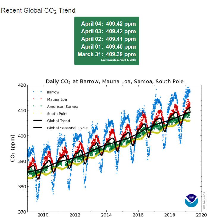 Le taux de CO2 dans l'atmosphère mesuré à la station de Mauna Loa, à Hawaï.&nbsp; (NOAA)