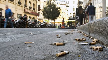 Depuis le&nbsp;jeudi 1er octobre 2015 à Paris, les fumeurs qui jettent leurs mégots sur la voie publique, les trottoirs ou les caniveaux&nbsp;doivent payer une amende de 68 euros. (DANIEL FOURAY / MAXPPP)