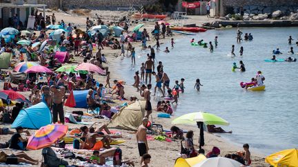 Des vacanciers profitent de la plage de la Pointe Rouge à Marseille. (CLEMENT MAHOUDEAU / AFP)