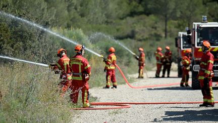 Des pompiers lors d'un exercice de simulation d'incendie de forêt à Marseille (Bouches-du-Rhône), le 8 juin 2023. (NICOLAS TUCAT / AFP)