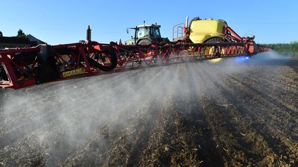 Un agriculteur vaporise du glyphosate sur ses champs, le 11 mai 2018 à&nbsp;Piace (Sarthe). (JEAN-FRANCOIS MONIER / AFP)