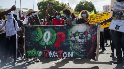 Des manifestants protestent contre le possible non-lieu dans l'affaire du chlordécone, le 27 février 2021, à Fort-de-France (Martinique). (LIONEL CHAMOISEAU / AFP)