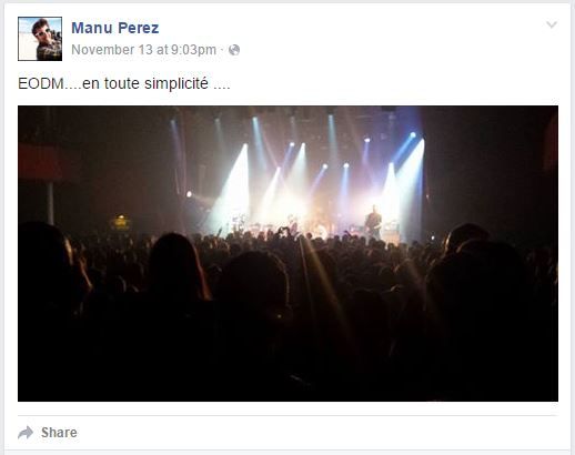 Capture d'écran du mur Facebook de Manu Perez, le 13 novembre 2015. (FACEBOOK)