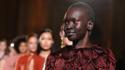 La mannequin Alek Wek en février 2017 sur les podiums newyorkais
 (Slaven Vlasic / GETTY IMAGES NORTH AMERICA / AFP)