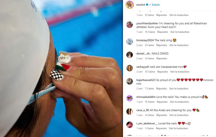 La nageuse palestinienne Valerie Tarazi fait sensation sur Instagram avec ses ongles peints aux couleurs de la Palestine et des Jeux olympiques. (CAPTURE ECRAN INSTAGRAM)