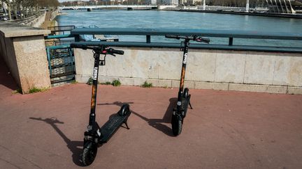 Des trottinettes électriques à Lyon (Rhône), le 12 mars 2019. (NICOLAS LIPONNE / NURPHOTO / AFP)